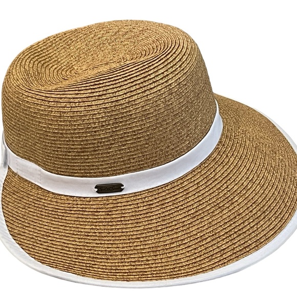 White and Beige Woven Half Brim Sun Hat UPF 50 + - Picture 2 of 10